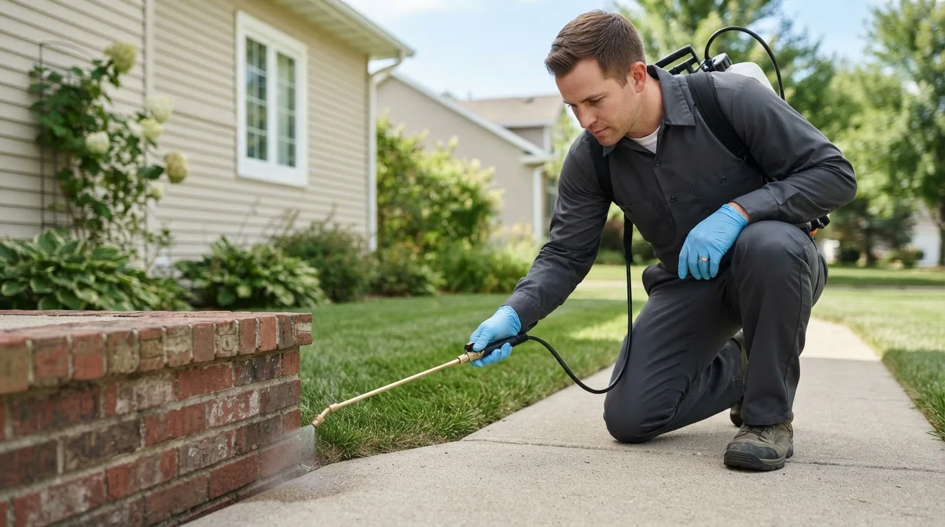 Pest control technician treating a home near Dedham, IA