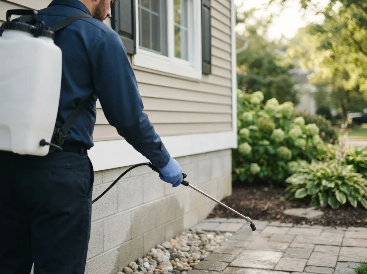 Pest control technician inspecting a home in Dedham, IA
